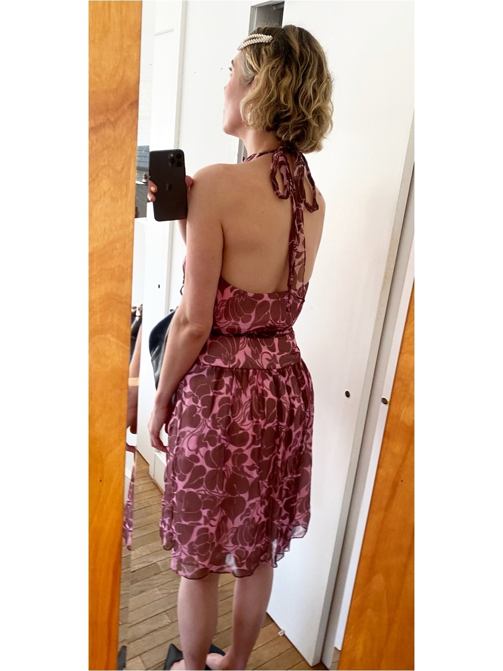 Vintage Milly of New York 100% silk halter dress in a pink & brown floral print